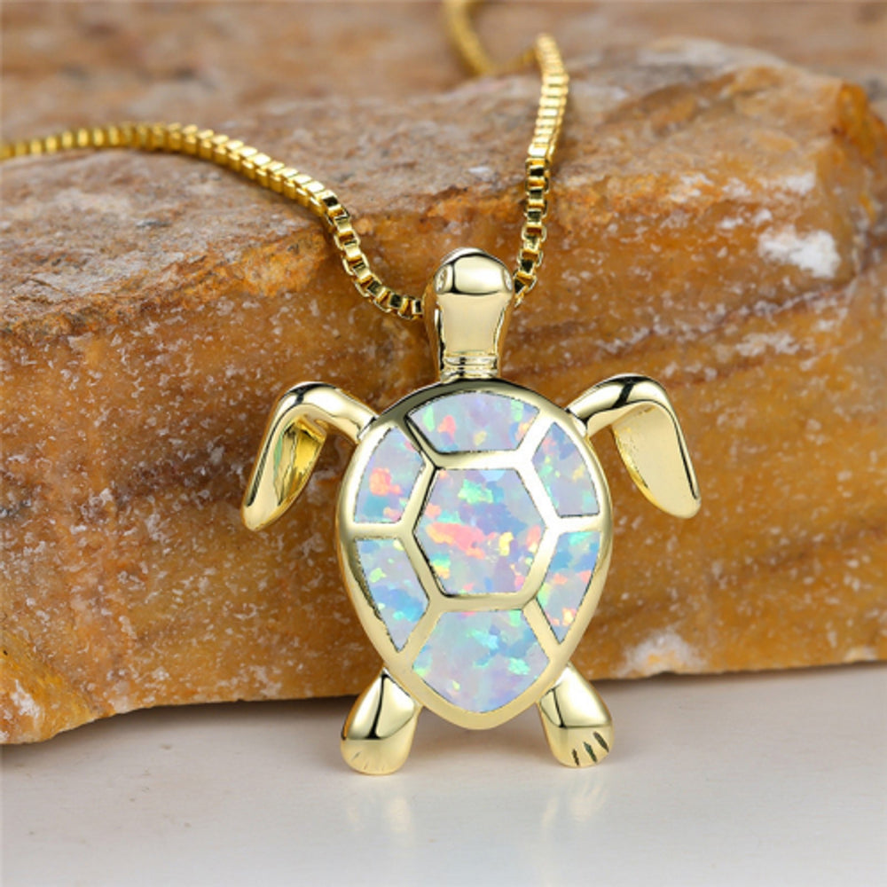 Gold-Tone White Simulated Opal Turtle Pendant Necklace
