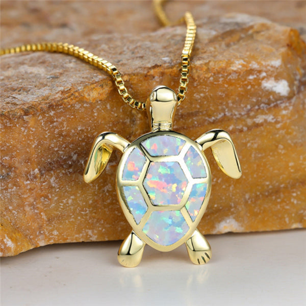 Gold-Tone White Simulated Opal Turtle Pendant Necklace