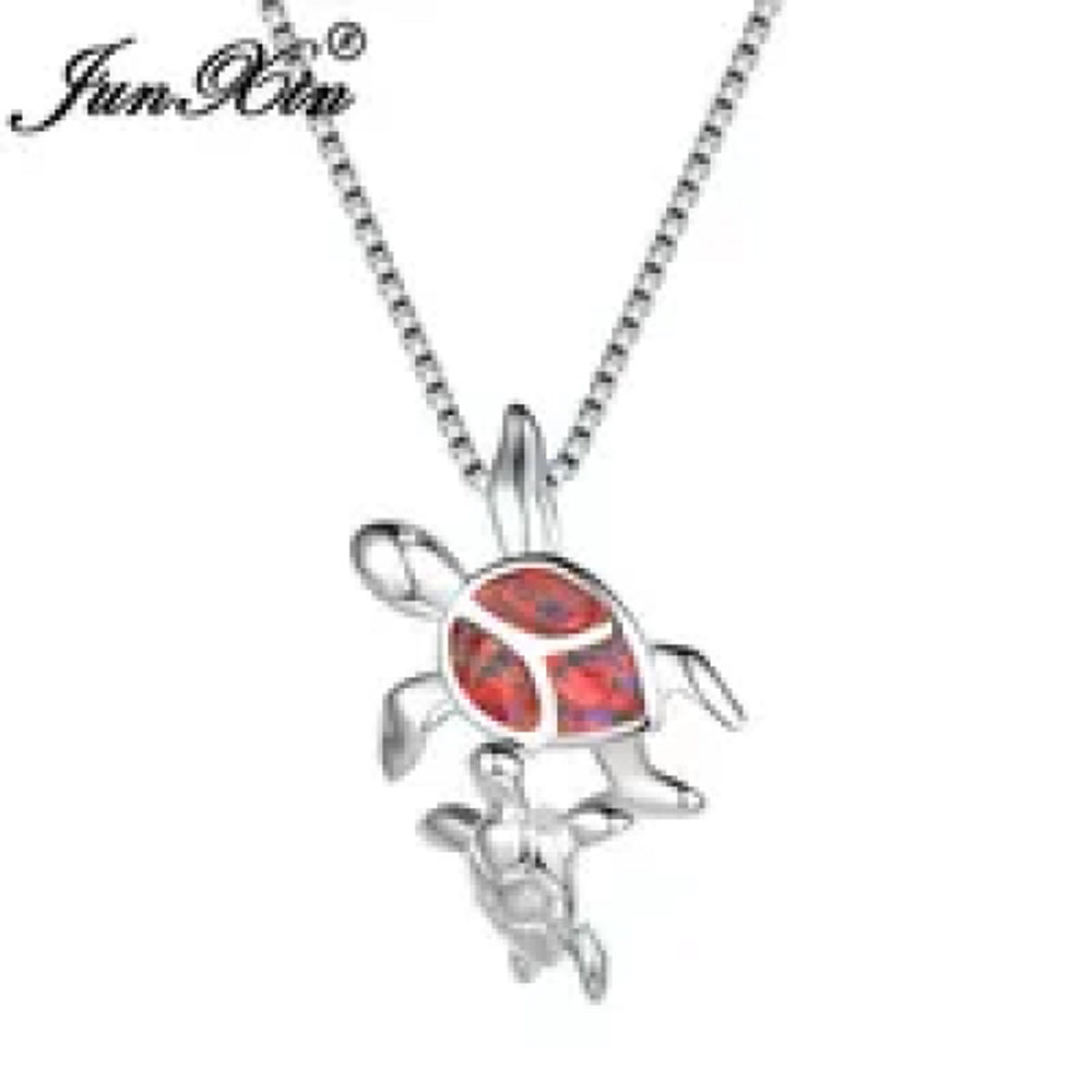 Sterling Silver Orange Simulated Opal Turtle Pendant Necklace