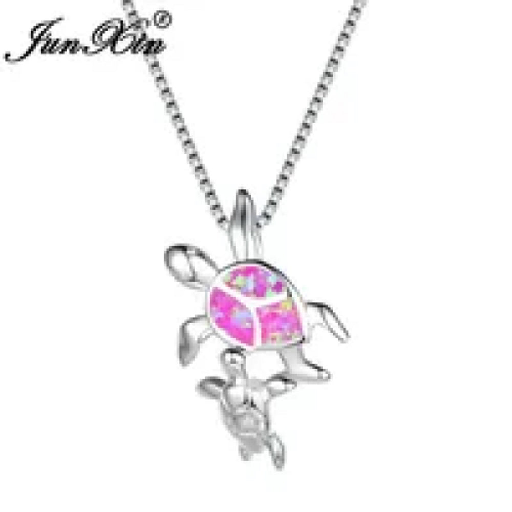 Sterling Silver Purple Simulated Opal Turtle Pendant Necklace
