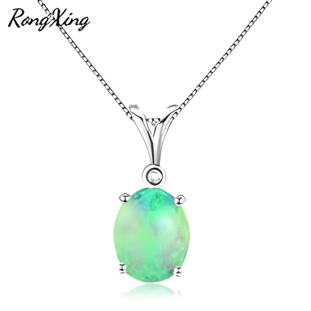 Silver-Tone Oval Green Simulated Opal Solitaire White Crystal Pendant Necklace