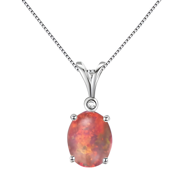 Sterling Silver Oval Orange Simulated Opal Pendant Necklace With Crystal Accent