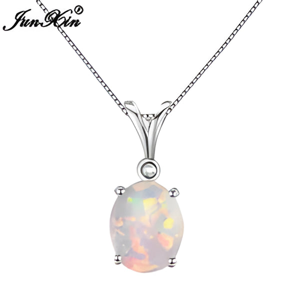 Sterling Silver Oval White Simulated Opal Crystal Accent Necklace