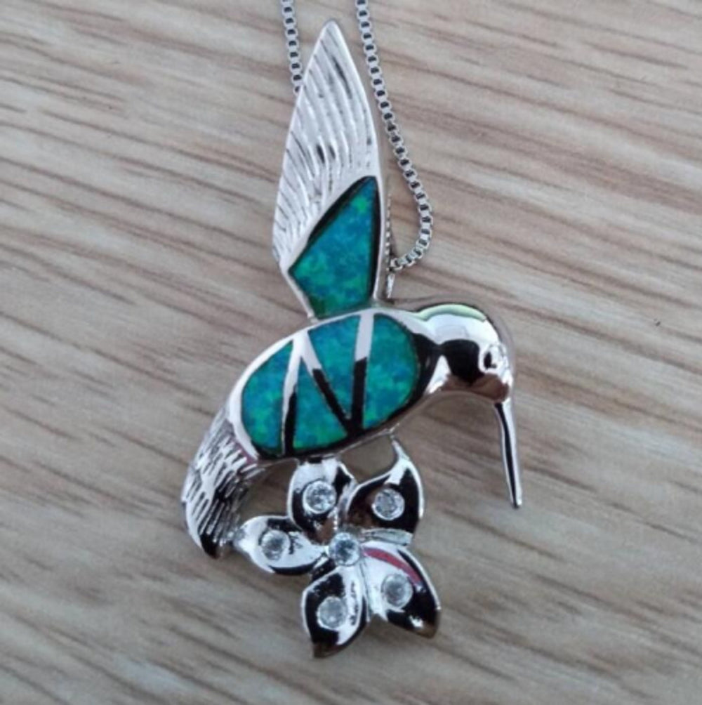 Sterling Silver Green Simulated Opal Bird Necklace