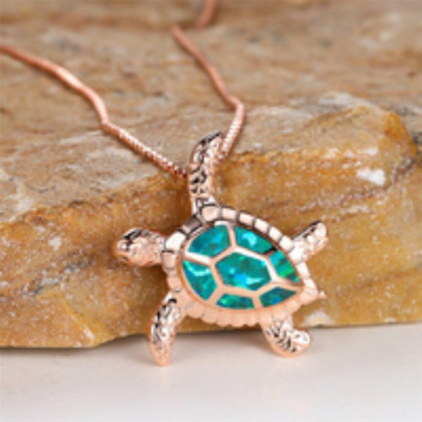 Rose Gold-Tone Green Simulated Opal Turtle Necklace