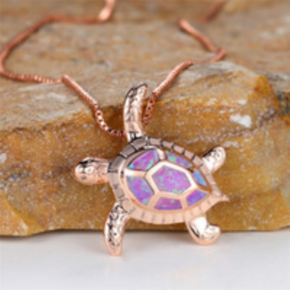 Rose Gold-Tone Purple Simulated Opal Turtle Necklace