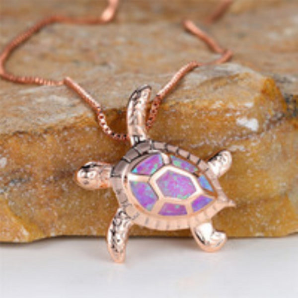 Rose Gold-Tone Purple Simulated Opal Turtle Necklace