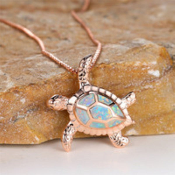 Rose Gold-Tone White Simulated Opal Turtle Necklace