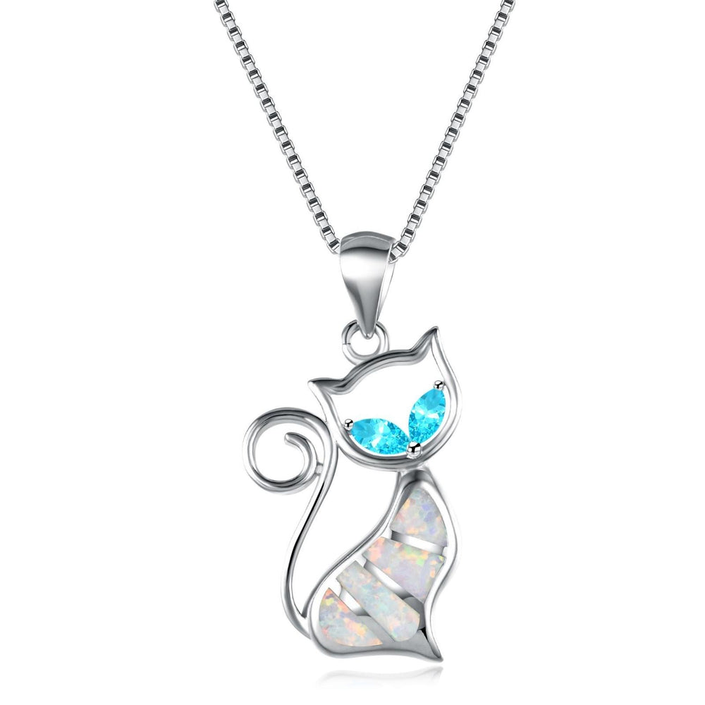 Sterling Silver Two-Stone Aqua Crystal Cat Pendant Necklace