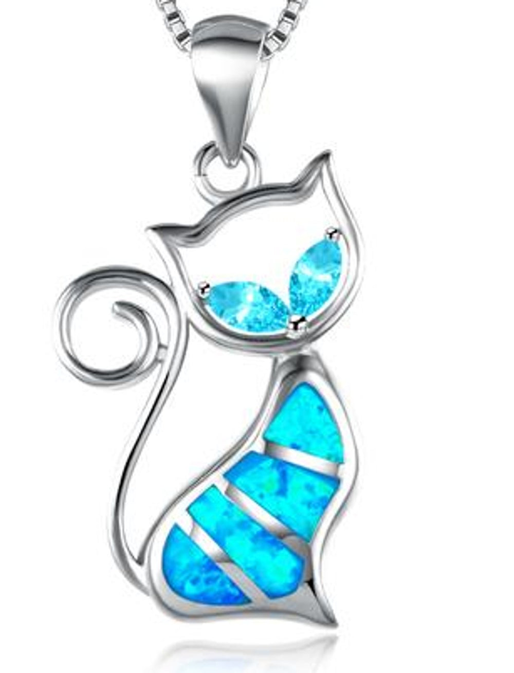 Sterling Silver Two-Stone Aqua Crystal Cat Pendant Necklace