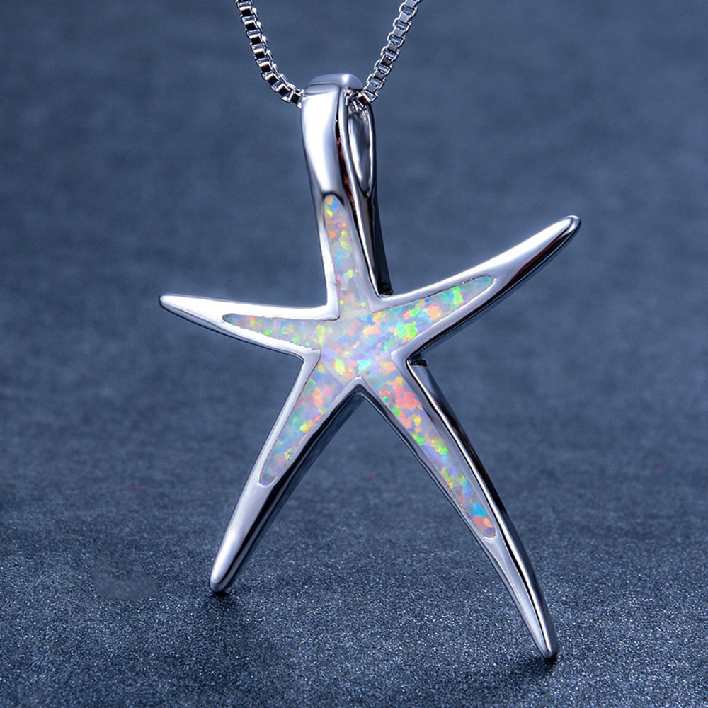 Sterling Silver White Simulated Opal Starfish Pendant Necklace
