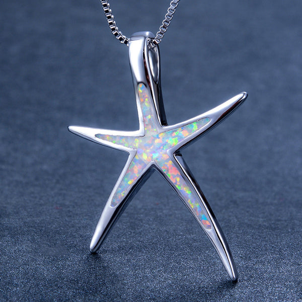 Sterling Silver White Simulated Opal Starfish Pendant Necklace