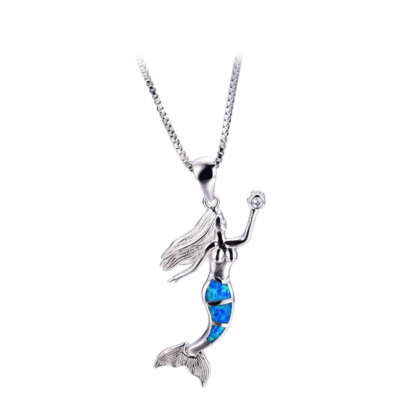 Sterling Silver Blue Simulated Opal Mermaid Pendant Necklace