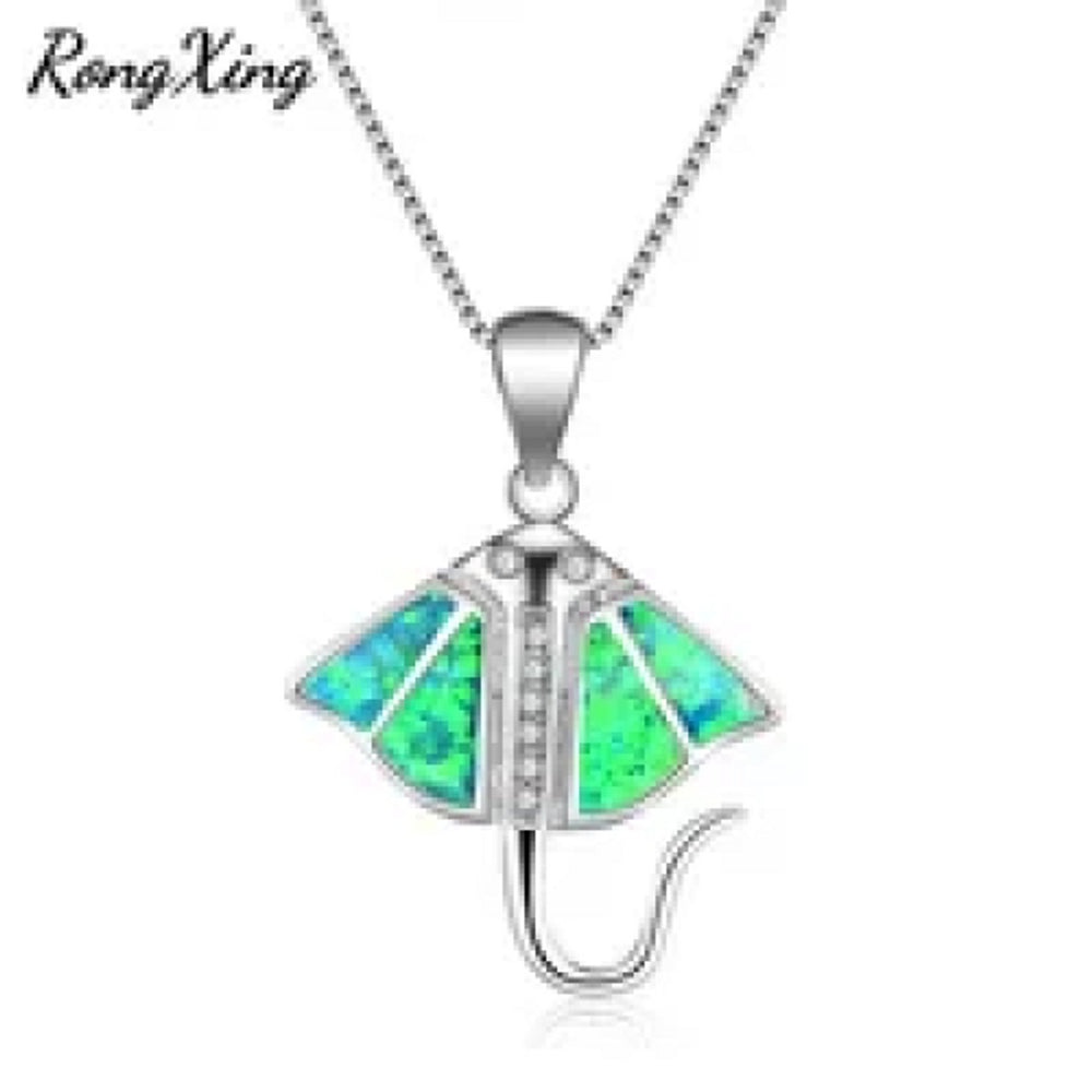 Sterling Silver Green Simulated Opal Fish Pendant Necklace