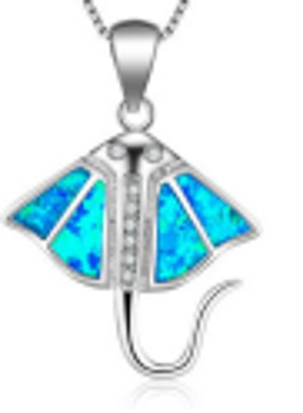Sterling Silver Blue Simulated Opal Fish Pendant Necklace