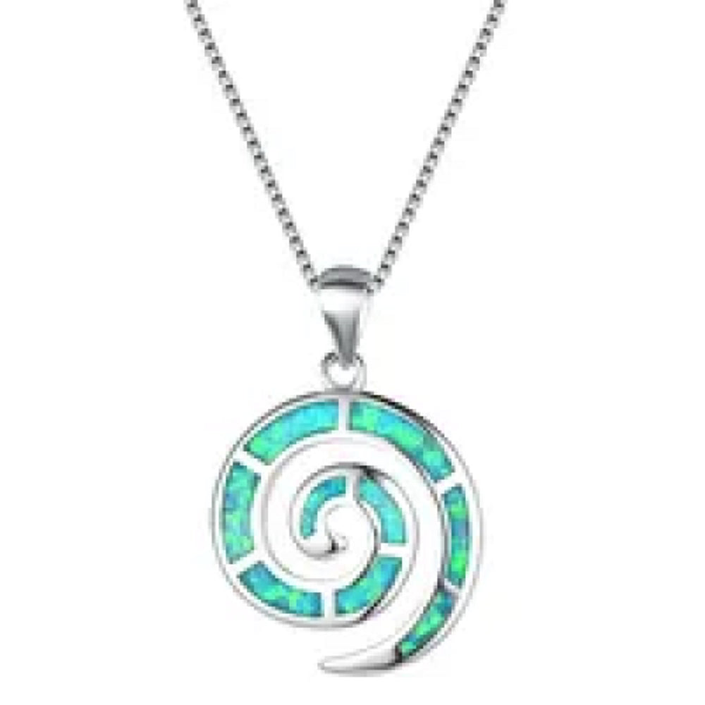 Sterling Silver Green Simulated Opal Spiral Pendant Necklace