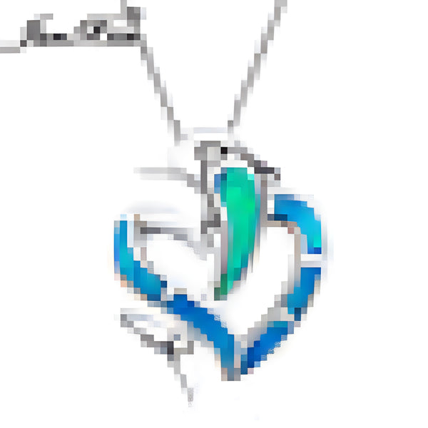 Silver-Tone Blue Simulated Opal Heart Dolphin Pendant Necklace