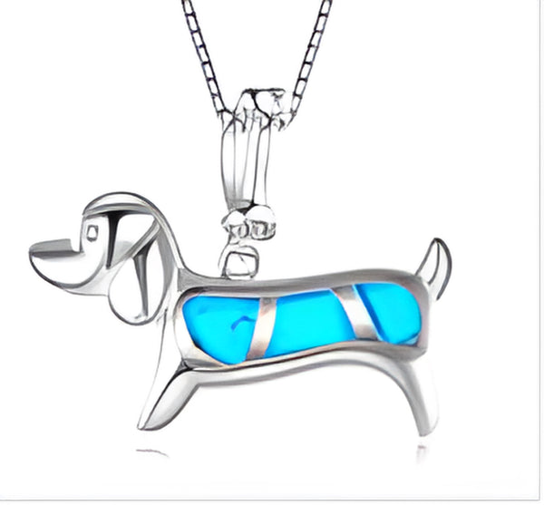 Silver-Tone Blue Simulated Opal Inlay Puppy Dog Crystal Pendant Necklace