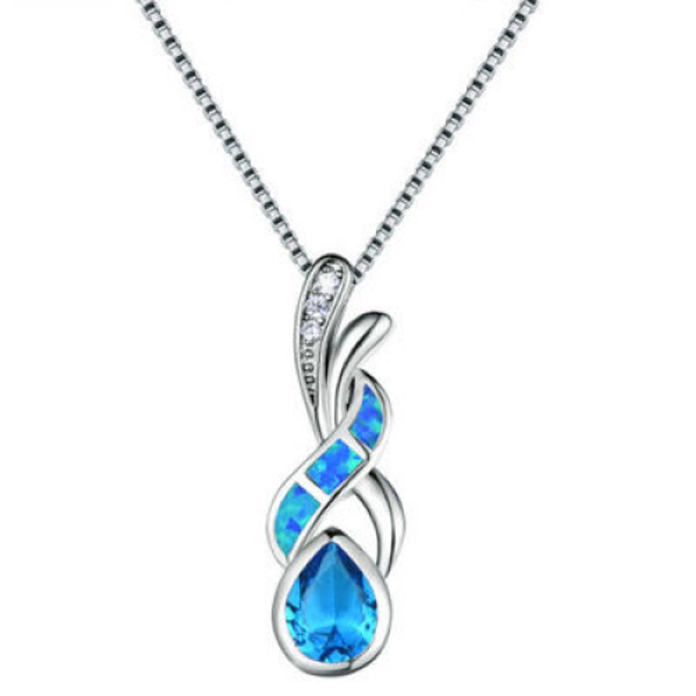 Sterling Silver Blue Teardrop Simulated Opal Necklace