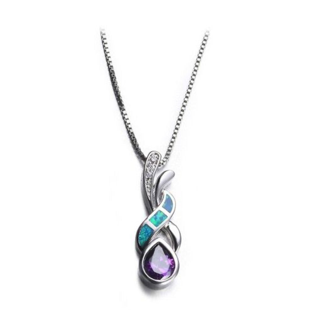 Sterling Silver Blue Simulated Opal Purple Teardrop Crystal Necklace