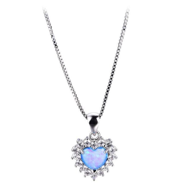 Sterling Silver Blue Simulated Opal Heart Pendant Necklace