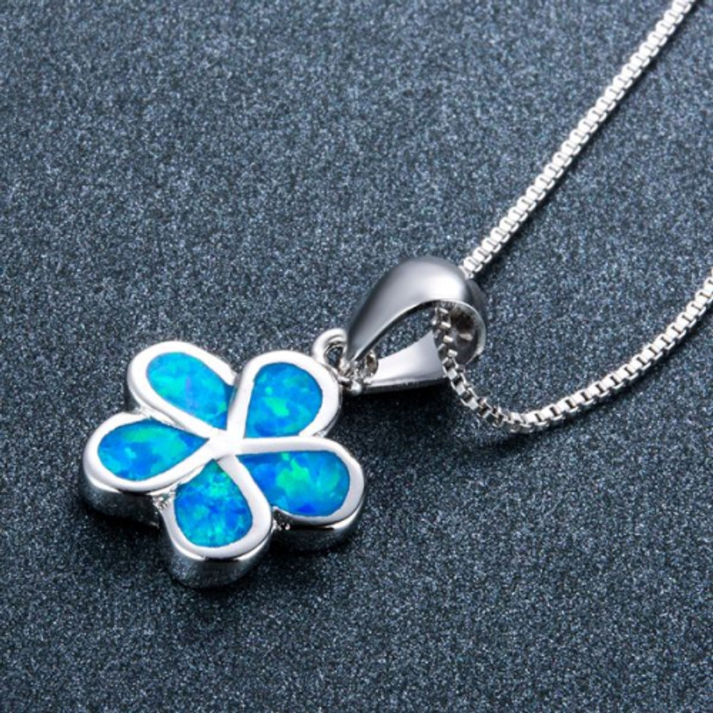 Sterling Silver Blue Simulated Opal Five-Petal Flower Pendant Necklace