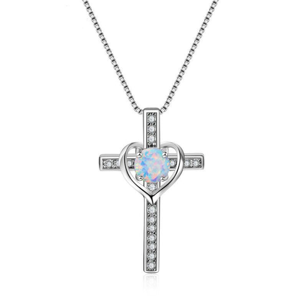Sterling Silver White Simulated Opal Heart Cross Pendant Necklace With Crystals