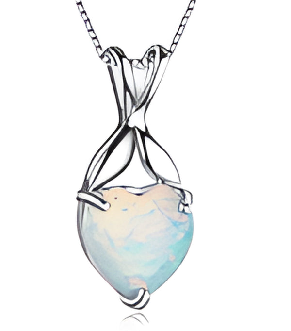 Silver-Tone White Simulated Opal Heart Three-Prong Pendant Necklace