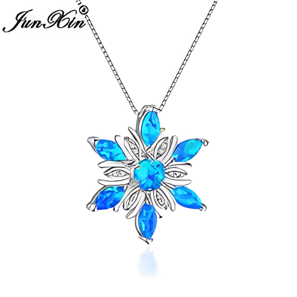 Silver-Tone Blue Simulated Opal Marquise Petal Flower Pendant Necklace