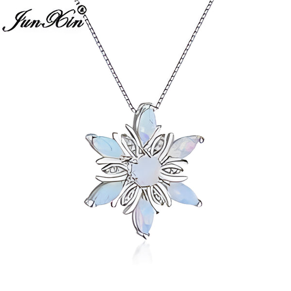 Silver-Tone White Simulated Opal Marquise Petal Flower Pendant Necklace