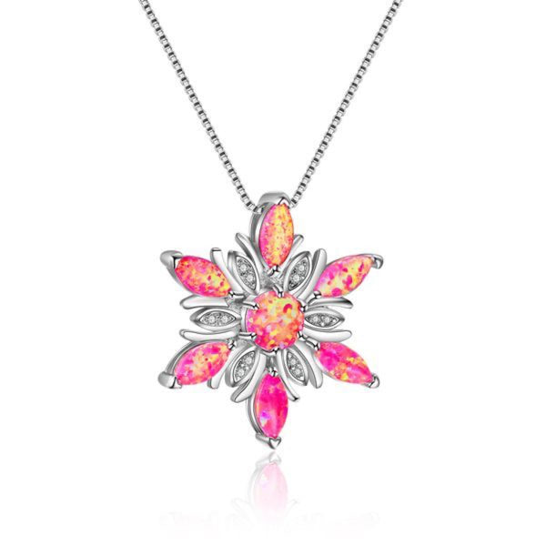 Silver-Tone Pink Simulated Opal Marquise Petal Flower Pendant Necklace