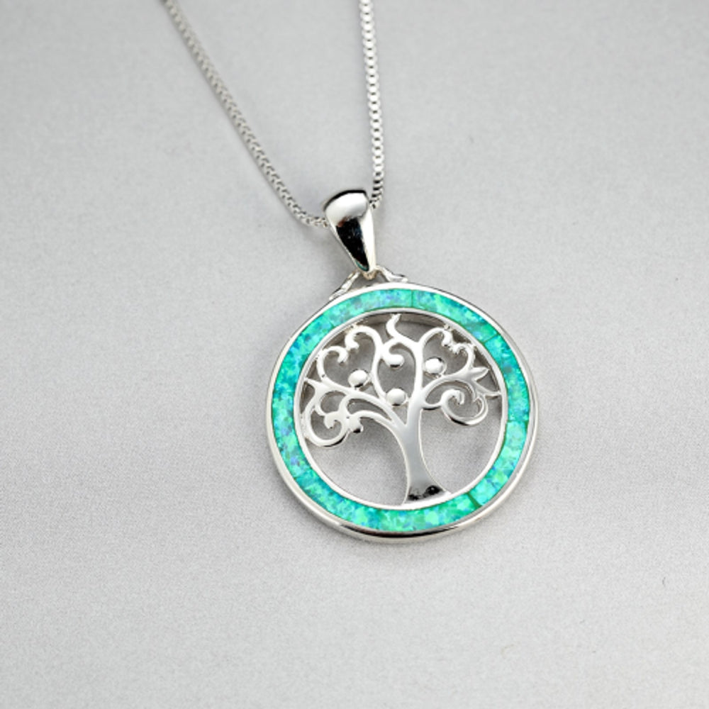 Sterling Silver Green Simulated Opal Circle Pendant Necklace