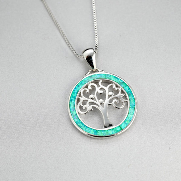 Sterling Silver Green Simulated Opal Circle Pendant Necklace