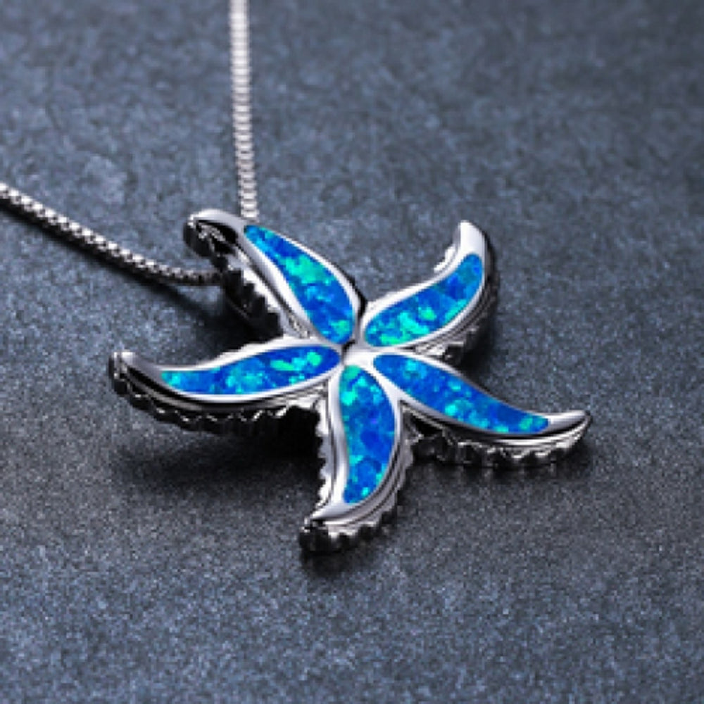 Sterling Silver Blue Simulated Opal Starfish Pendant Necklace