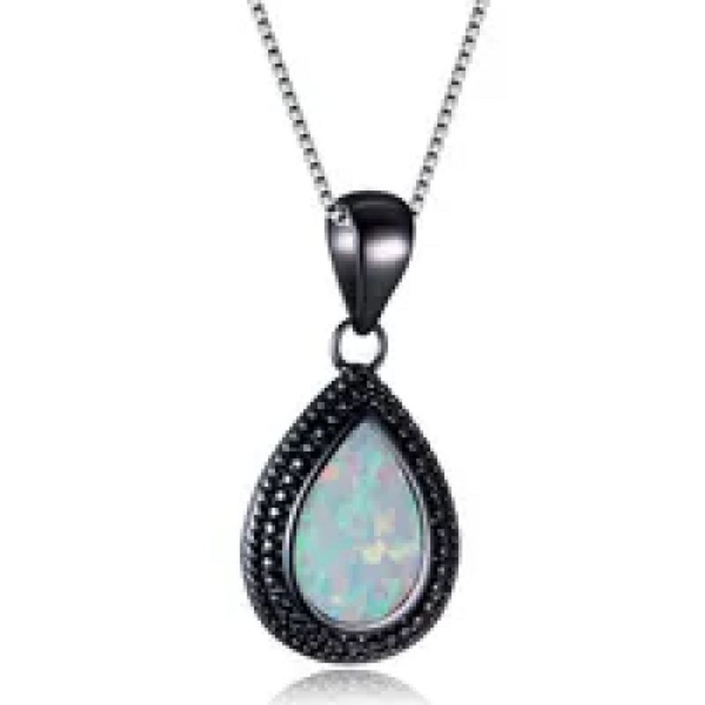 Black Gold-Tone White Teardrop Simulated Opal Pendant Necklace