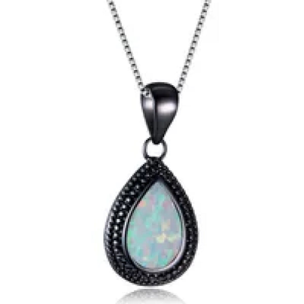 Black Gold-Tone White Teardrop Simulated Opal Pendant Necklace