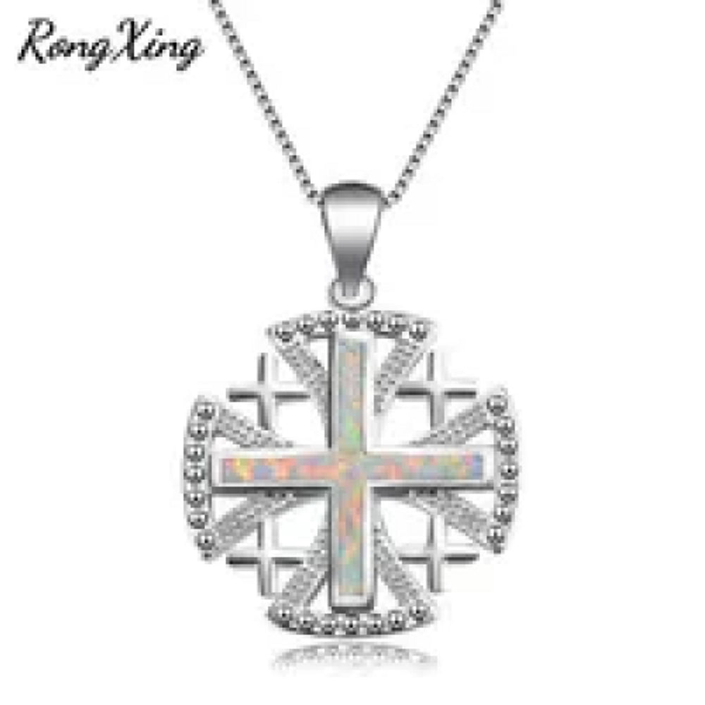 Sterling Silver White Simulated Opal Cross Pendant Necklace