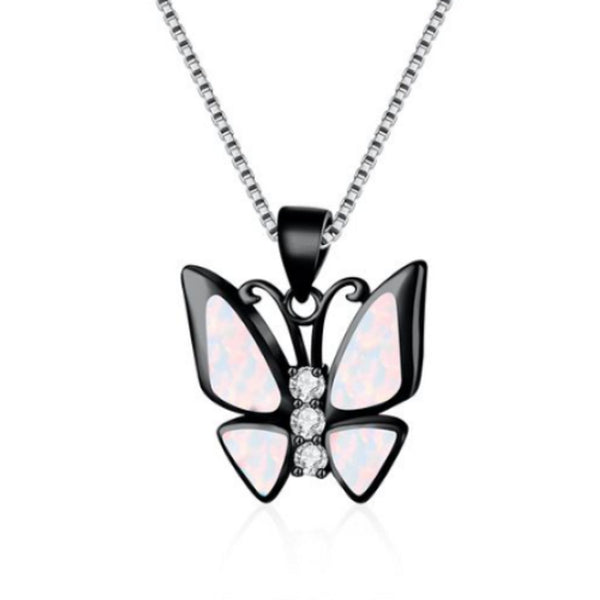 Black Gold-Tone Three-Stone White Simulated Opal Butterfly Pendant Necklace