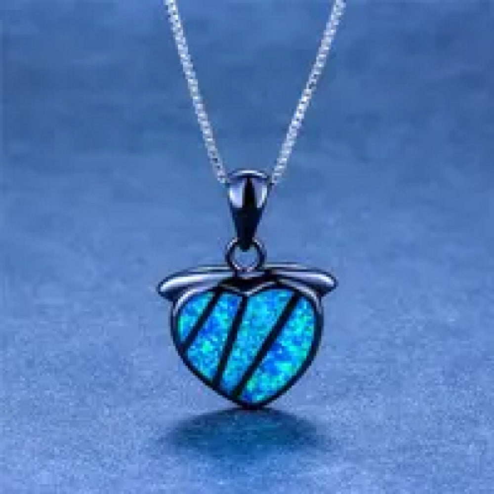 Black Gold-Tone Blue Simulated Opal Heart Pendant Necklace