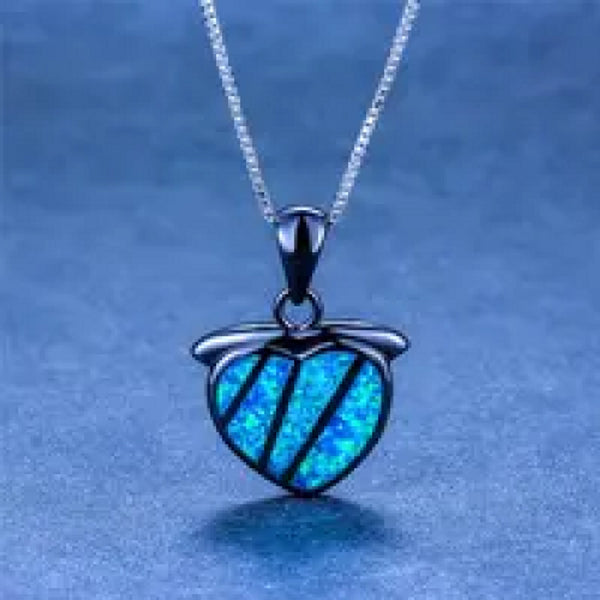 Black Gold-Tone Blue Simulated Opal Heart Pendant Necklace