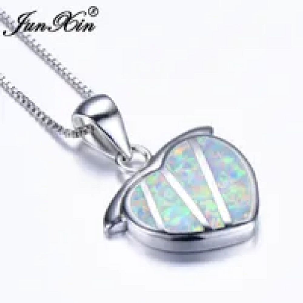 Sterling Silver White Simulated Opal Heart Pendant Necklace