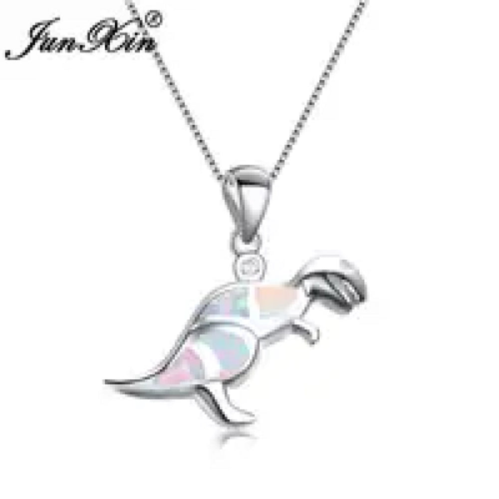 Sterling Silver White Simulated Opal Dragon Pendant Necklace