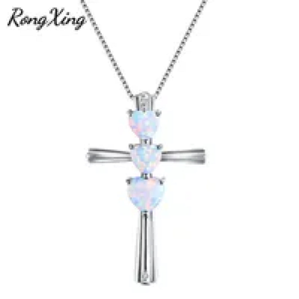 Sterling Silver Three-Stone White Simulated Opal Heart Pendant Necklace