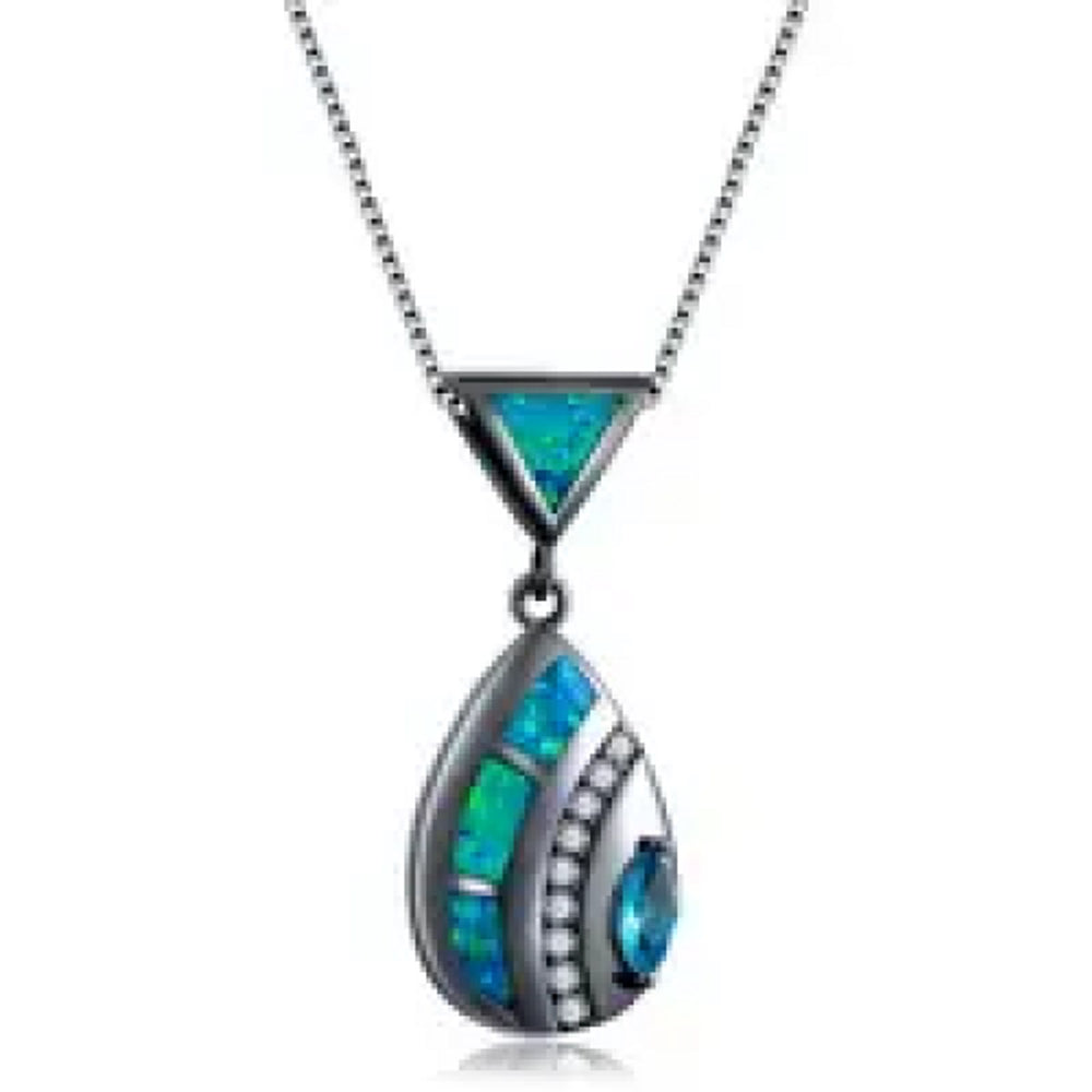 Black Gold-Tone Aqua Marquise Simulated Opal Pendant Necklace