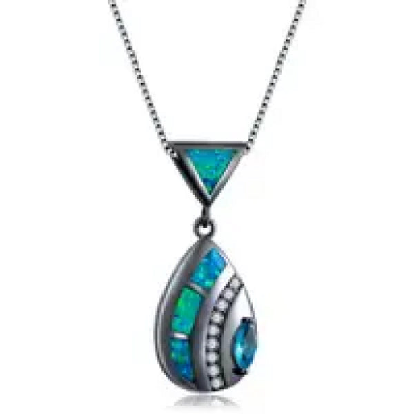 Black Gold-Tone Aqua Marquise Simulated Opal Pendant Necklace