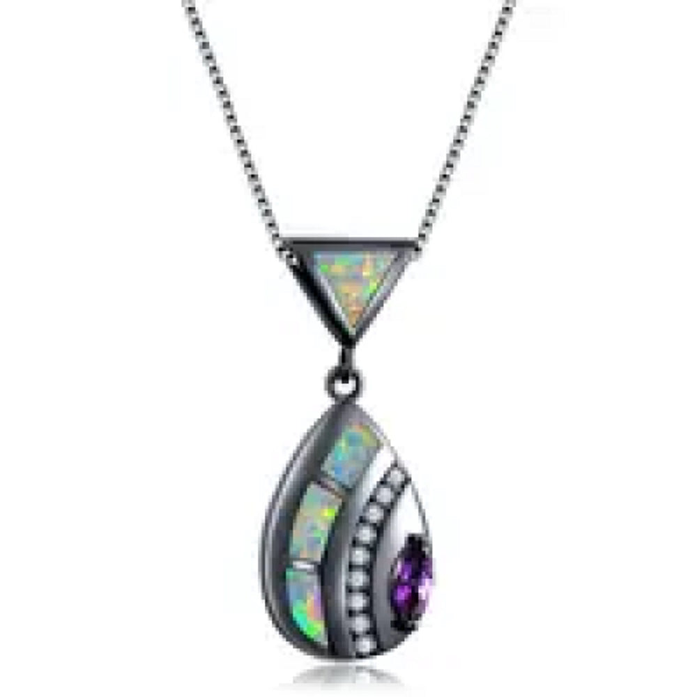 Black Gold-Tone Purple Marquise Simulated Opal Pendant Necklace