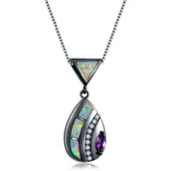 Black Gold-Tone Purple Marquise Simulated Opal Pendant Necklace