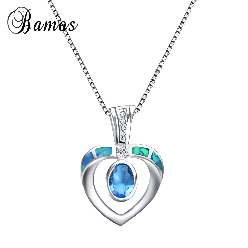 Silver-Tone Blue Simulated Opal Heart Necklace With Aqua Oval Crystal