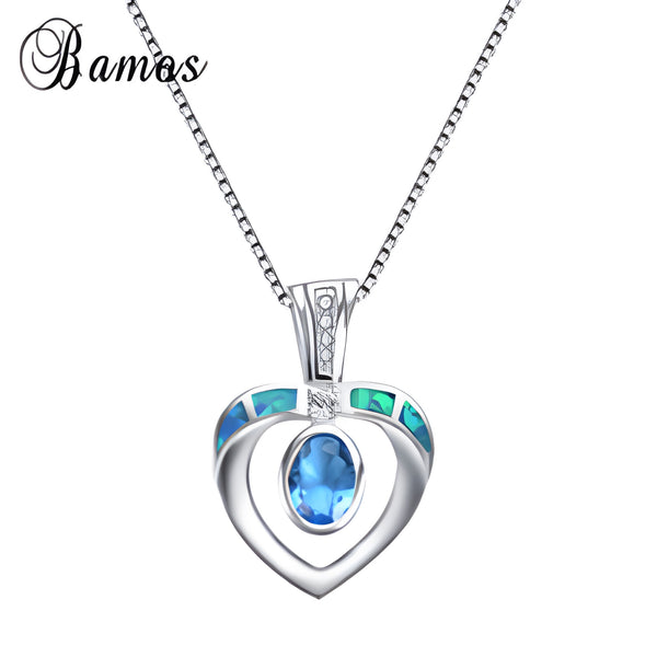 Silver-Tone Blue Simulated Opal Heart Necklace With Aqua Oval Crystal