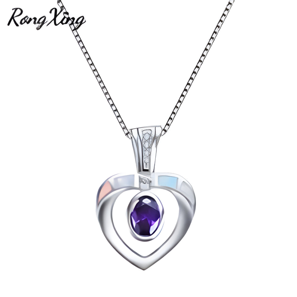 Silver-Tone White Simulated Opal Heart Necklace With Purple Crystal